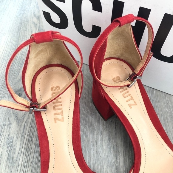 Schutz Roama Red Suede Block Heel Sandals - Picture 5 of 15